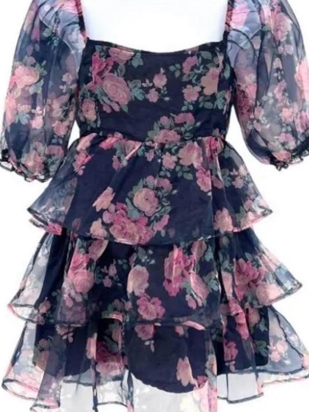Altar’d state Floral Tiered Chiffon Dress with Puff Sleeves